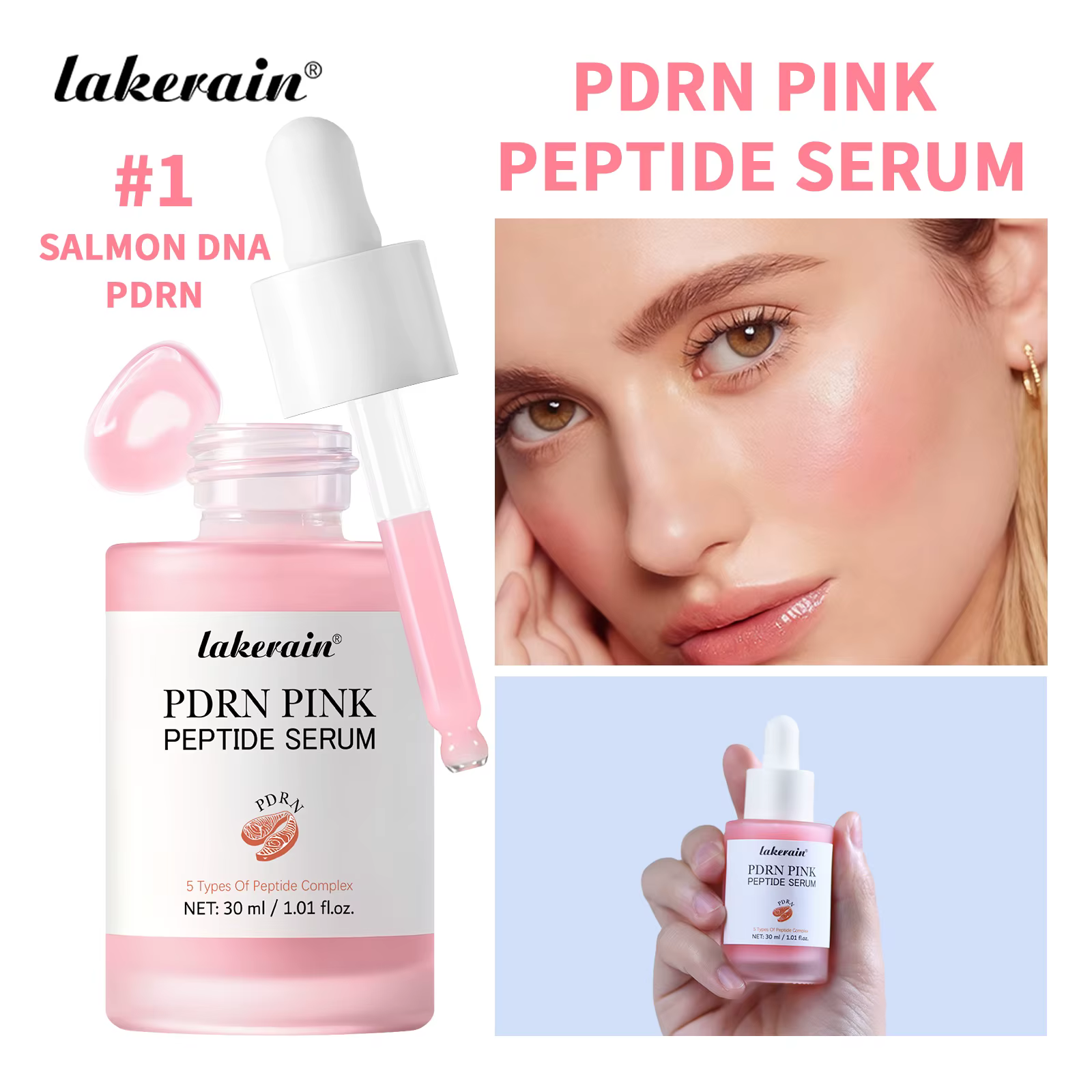 Sérum Visage 30ml au PDRN de Saumon et Peptides Roses – Hydratation Profonde Longue Durée, Éclat Ros