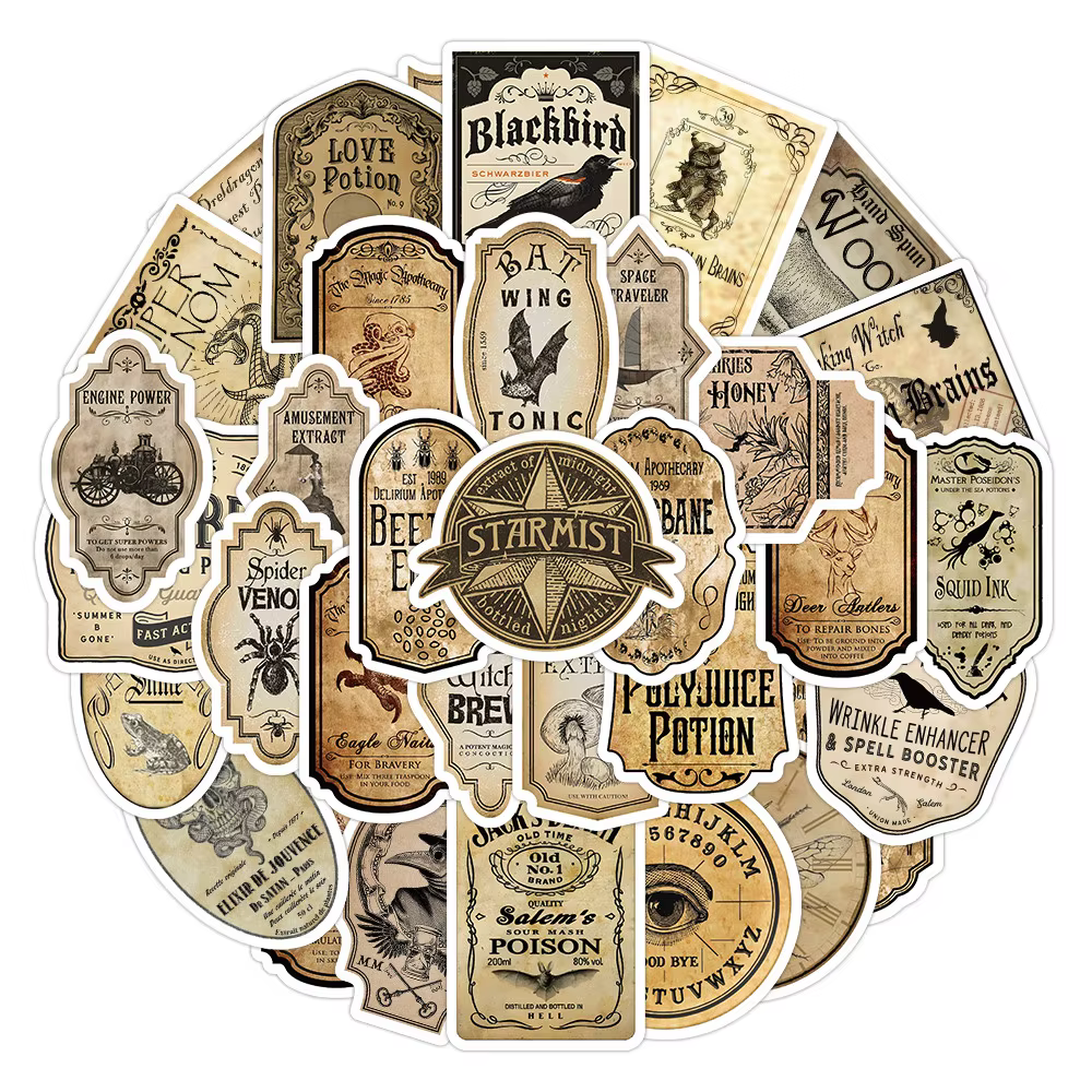 Étiquettes autocollantes de potion Vintage, 52 pièces, autocollants d'alchimie mystique pour pots de