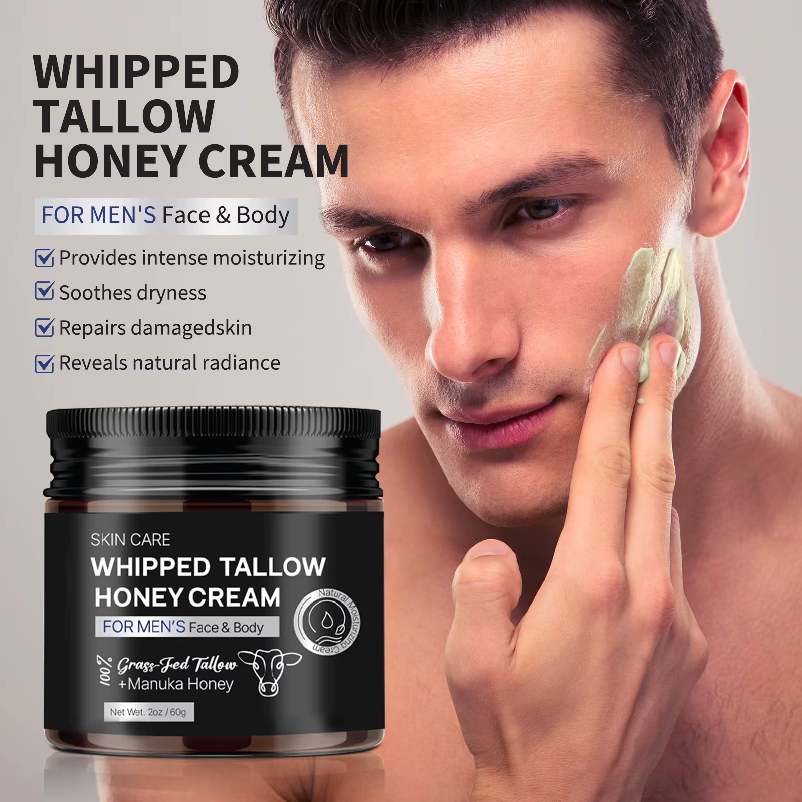 Crème fouettée au suif et au miel pour hommes 60g - Suif et miel de Manuka, baume hydratant non gras