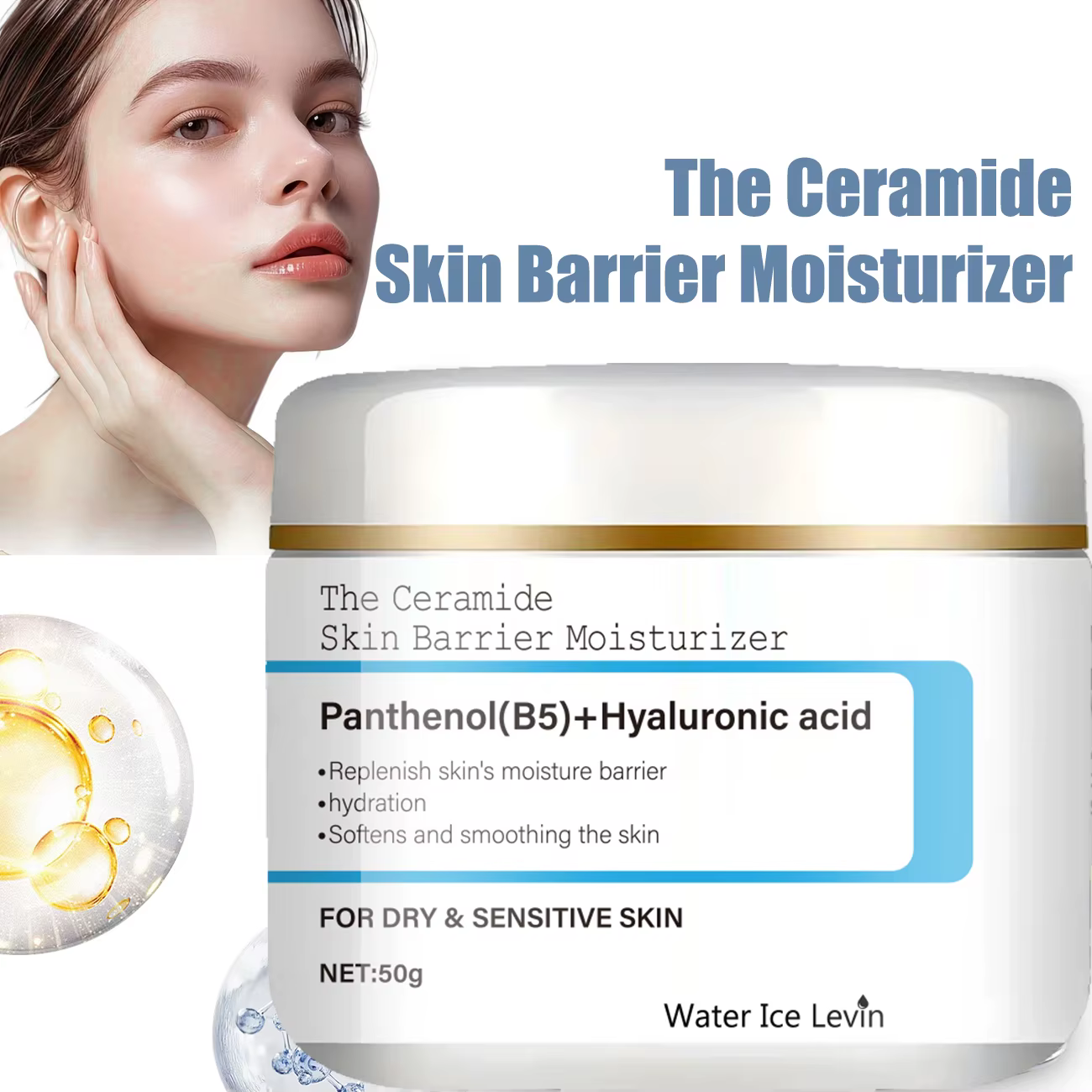 Ceramide Barrière Hydratante Pantenol Acide Hyaluronique. Soulevez instantanément et fermes. Hydrate et lisse. Soulagement de la peau sèche et sensible.