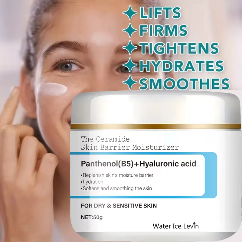 Ceramide Barrière Hydratante Pantenol Acide Hyaluronique. Soulevez instantanément et fermes. Hydrate et lisse. Soulagement de la peau sèche et sensible.