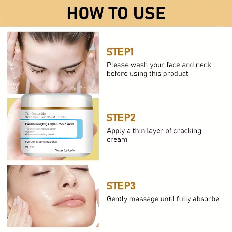 Ceramide Barrière Hydratante Pantenol Acide Hyaluronique. Soulevez instantanément et fermes. Hydrate et lisse. Soulagement de la peau sèche et sensible.