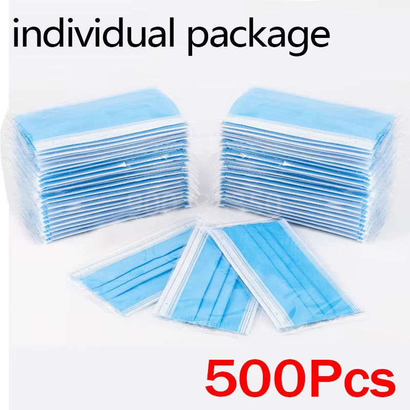 10-500 pcs Jetable Adultes Emballage individuel Masques Filtre Meltblown Non-tissé Masque facial bleu Respirant Masque de protection masque