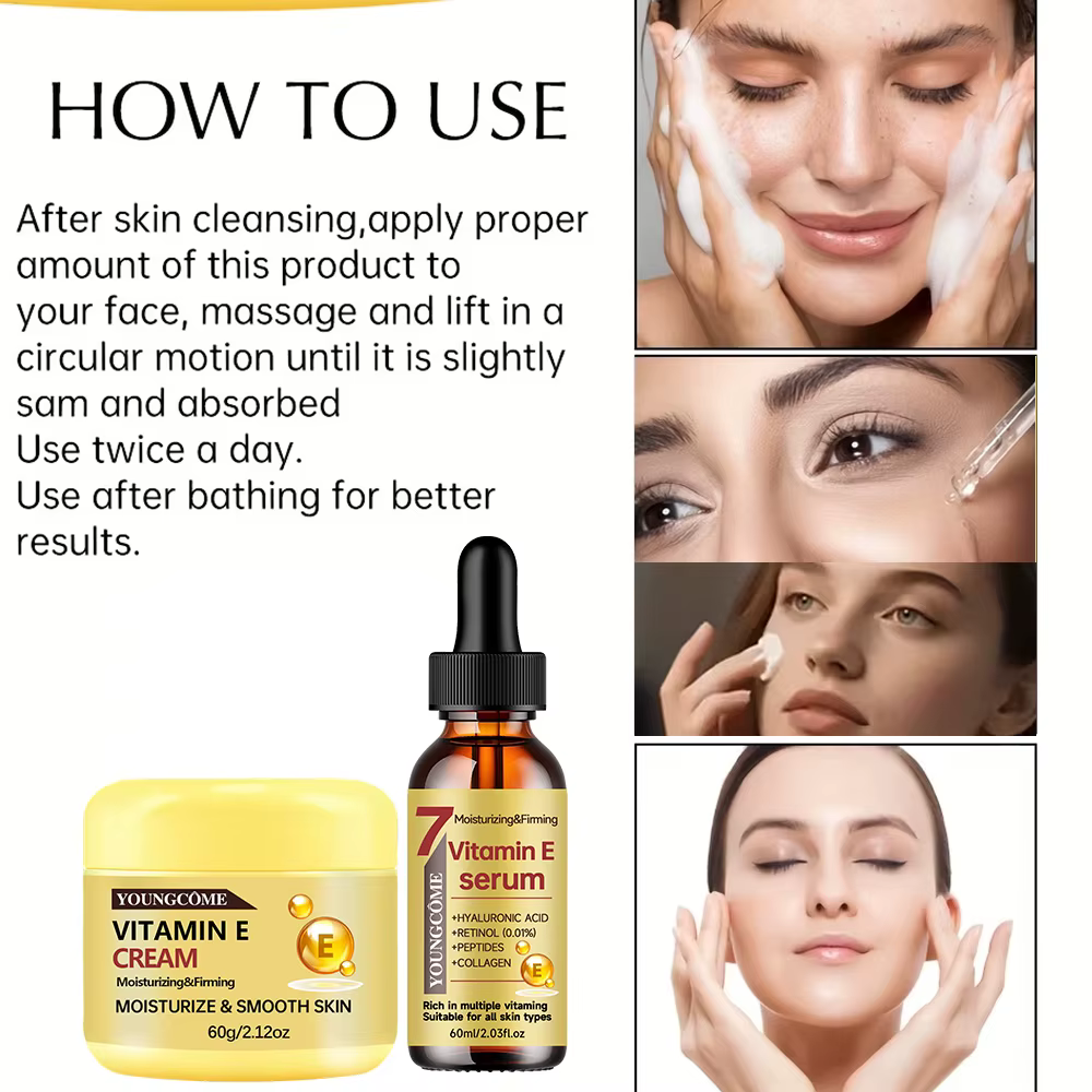 YOUNGCOME Ensemble crème et sérum à la vitamine E – Soin visage hydratant anti-âge pour tous les types de peau 30/60 ml