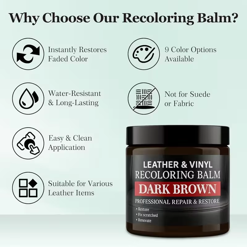 Baume de recoloration du cuir, crème réparatrice pour cuir brun foncé pour meubles, canapés, chaussures, sacs et sièges de voiture, restaure le cuir décoloré et les surfaces rayées
