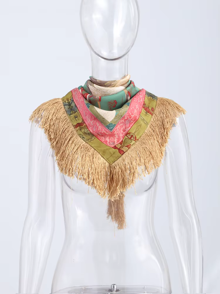Écharpe en satin à franges pour femme, motif grue verte, forme carrée, franges dorées, pour la mode féminine et la décoration intérieure, vêtements de mode, tenue de printemps