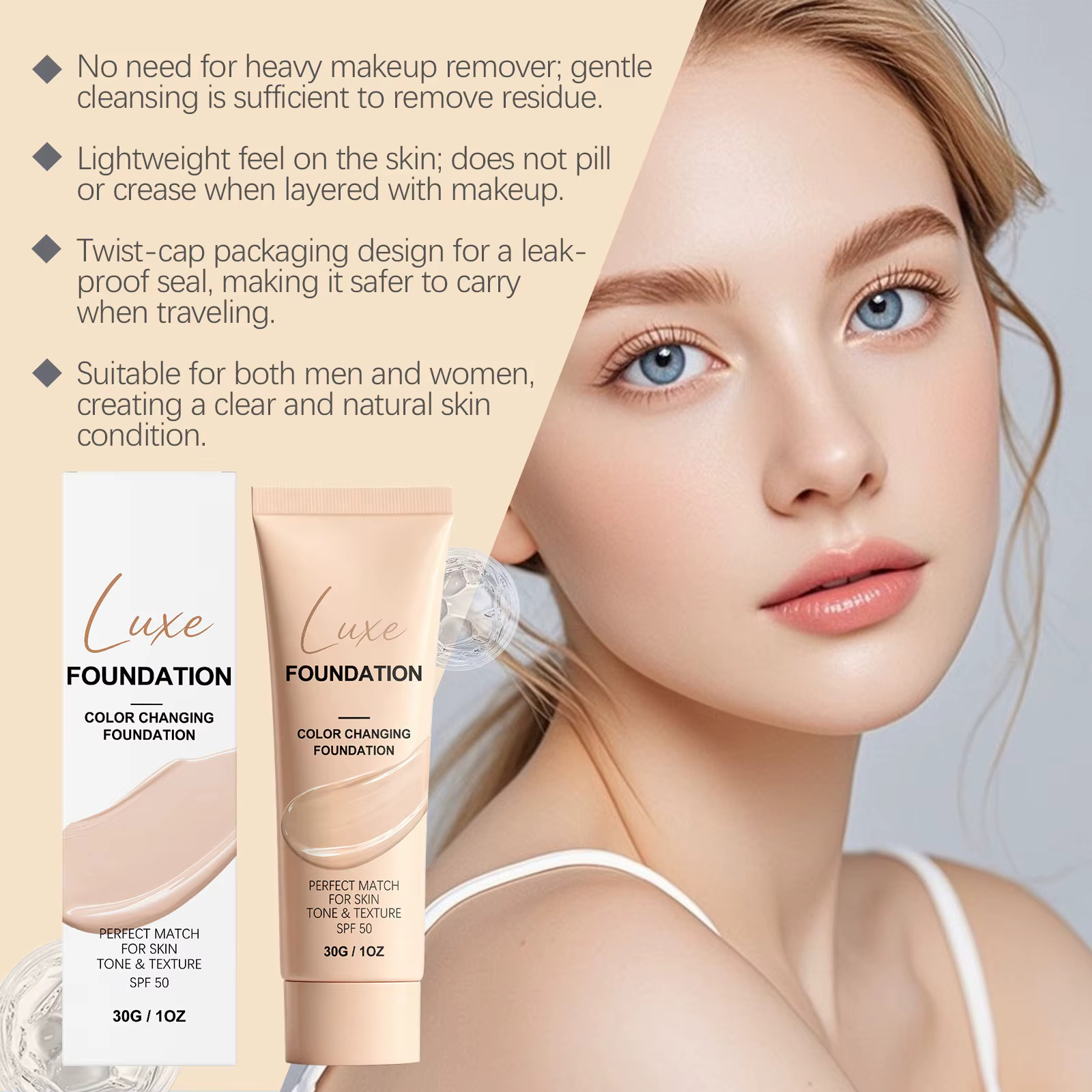 Fond de teint changeant de couleur SPF 50, couvrance naturelle, fond de teint liquide ajustable, léger, longue tenue, base de maquillage pour tous les types de peau