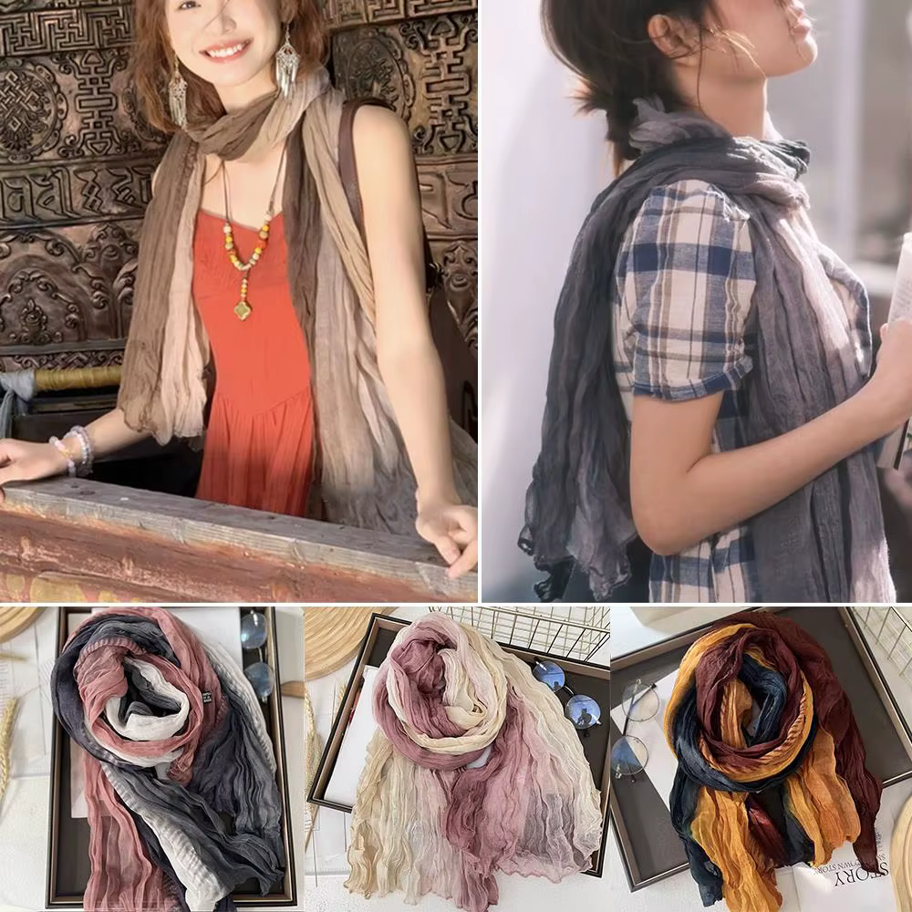Foulard en lin de coton rétro automne hiver plissé soie longs châles musulman froissé Hijab foulard dégradé couleur froissé foulards