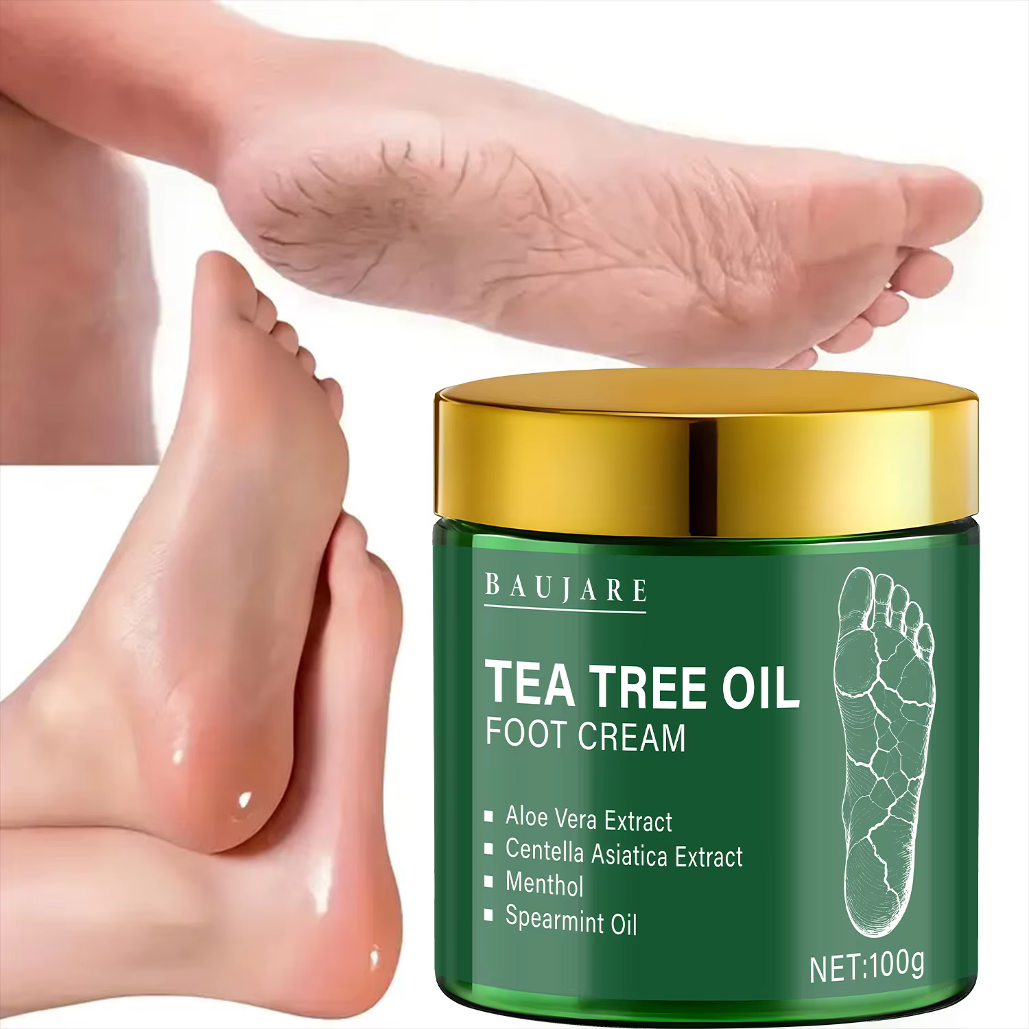 Crème pour les pieds à l'huile d'arbre à thé à l'aloe vera et au menthol - Hydrate et adoucit la peau avec l'acide hyaluronique et le rétinol