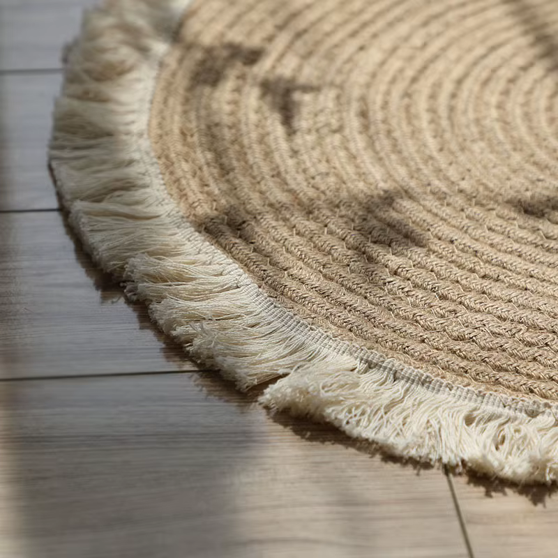Tapis rond en rotin de jute tissé à la main avec pompon, tapis vintage pour chambre à coucher, salon, décoration d'intérieur, tapis de sol, chambre, porte, polymères
