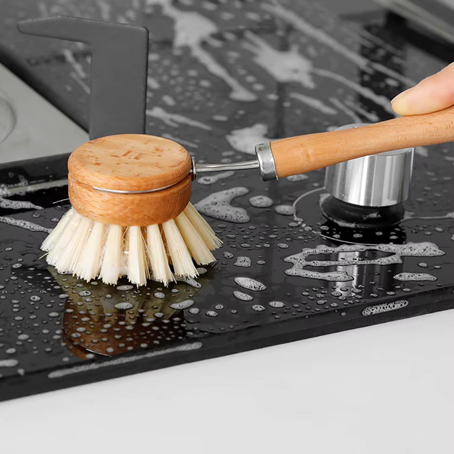Brosse de nettoyage de cuisine en bambou, vaisselle naturelle, casseroles, poêles, évier, brosse de lavage, épurateur propre écologique avec plateau de rangement égouttoir