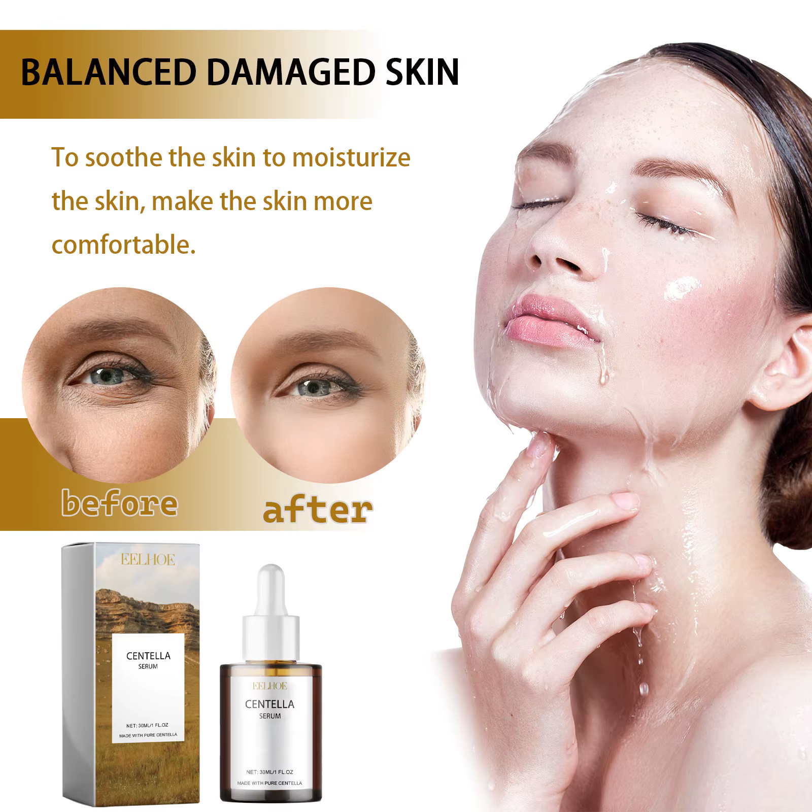 Centella sérum nourrir amélioration peau sèche lissage rajeunissement éclaircir hydratant acide hyaluronique visage