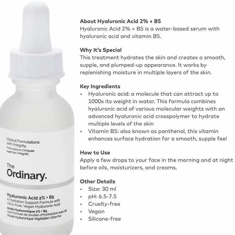 The Ordinary Hyaluronic Acid 2% + B5 A Formule hydratante avec sérum à l'acide hyaluronique ultra-pur et végétalien pour la peau 30ML