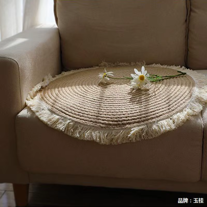 Tapis rond en rotin de jute tissé à la main avec pompon, tapis vintage pour chambre à coucher, salon, décoration d'intérieur, tapis de sol, chambre, porte, polymères