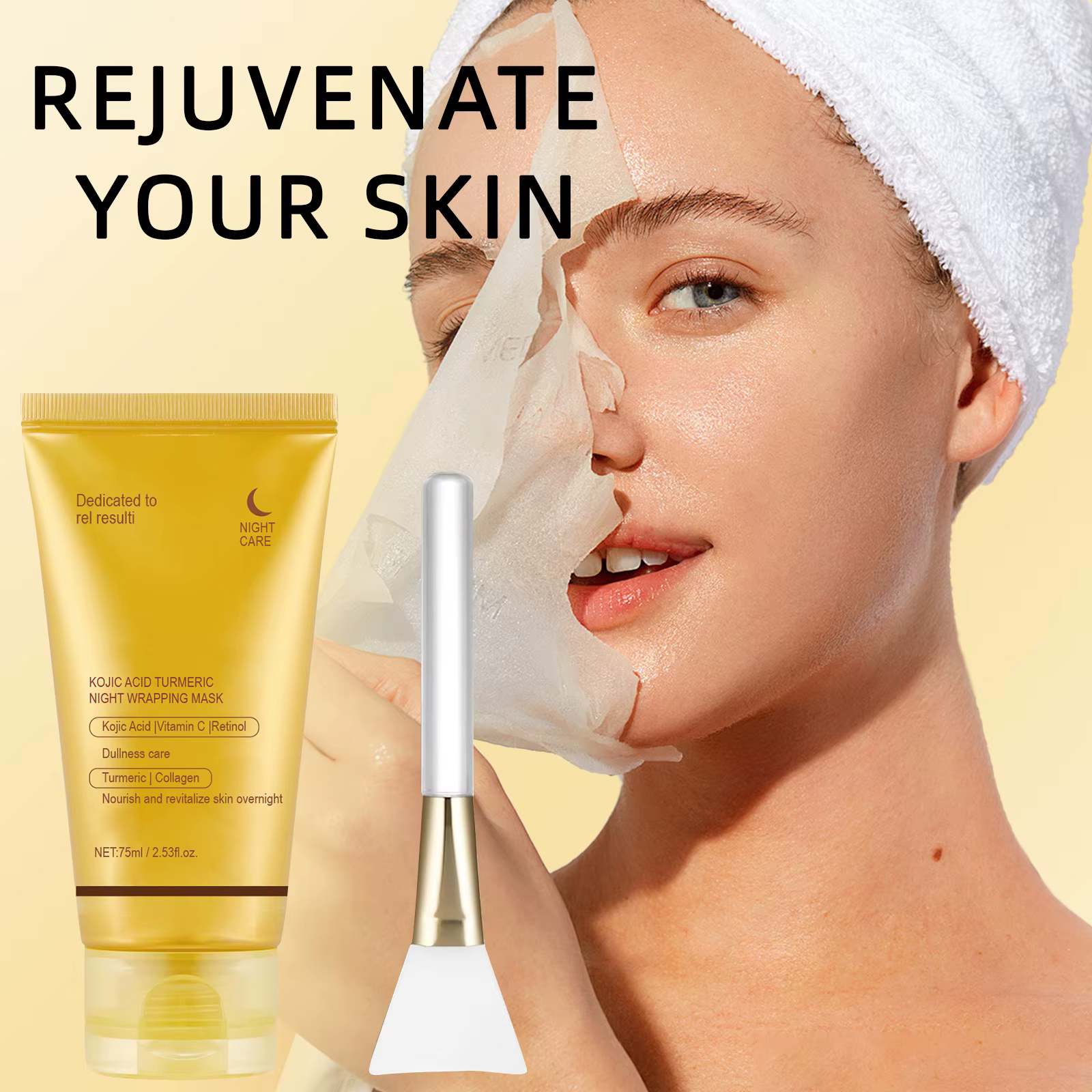 Masque Facial enveloppant de nuit au curcuma à l'acide kojique