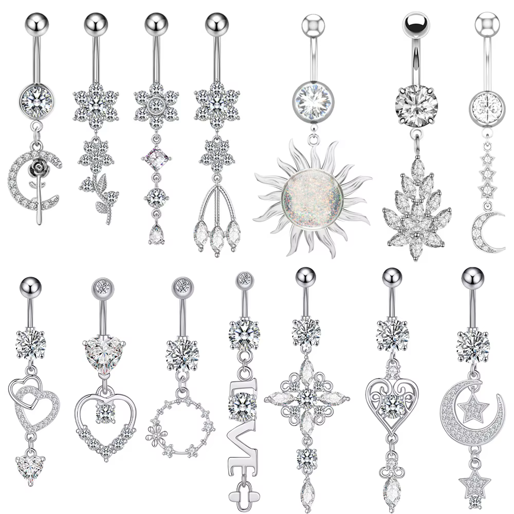 1PC Piercing de nombril long pour femme, motif fleur cœur, bijoux de corps sexy en acier inoxydable, anneaux de nombril courbés