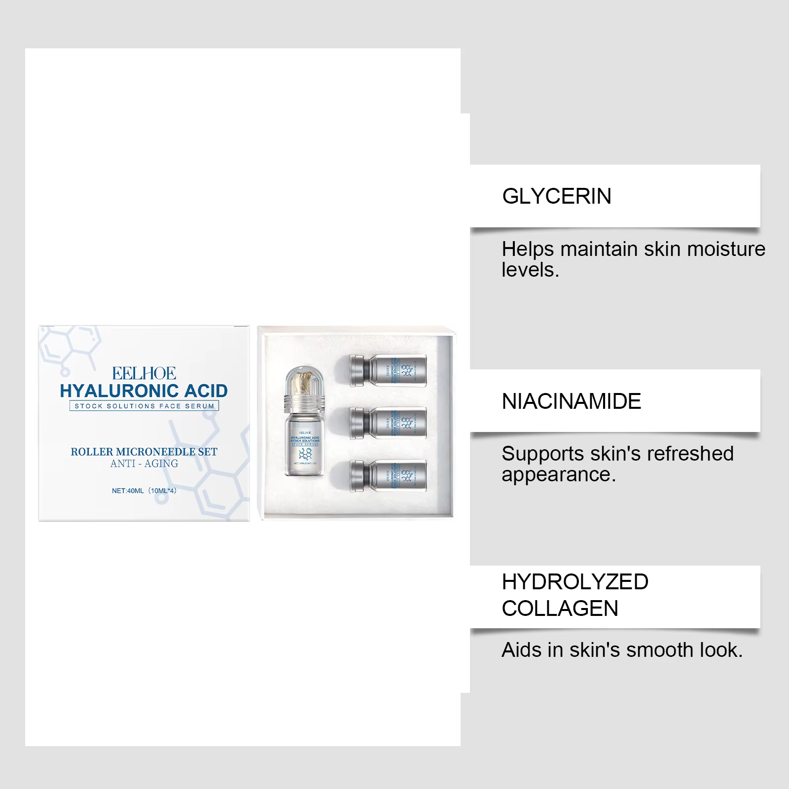 Sérum Visage à l'Acide Hyaluronique avec Rouleau Microneedle – Hydratant