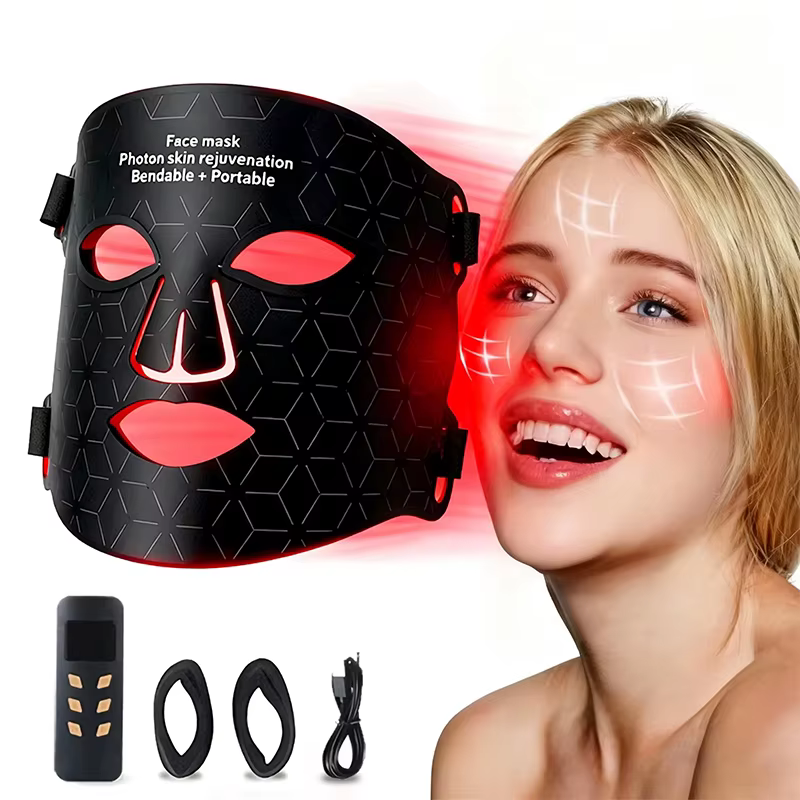 Masque de luminothérapie pour le visage 4 couleurs : Thérapie par lumière rouge et infrarouge proche pour le contrôle