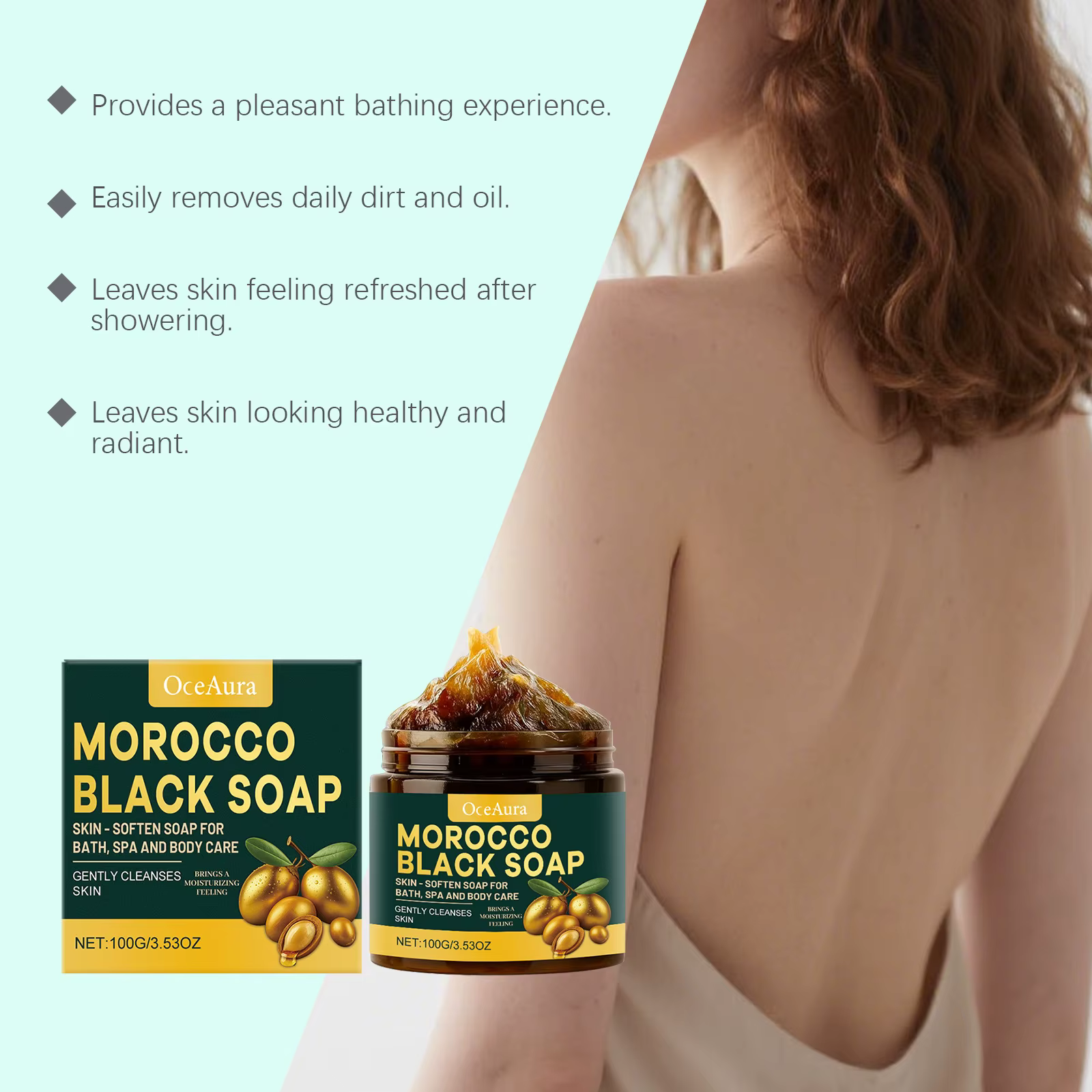 OCEAURA soin du corps savon noir nettoyage en profondeur exfolier soulager la sécheresse hydrater la peau à la main
