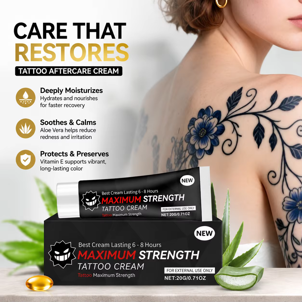 Crème de soin après tatouage 20g avec Aloe Vera et Vitamine E, hydratante, apaisante, anti-rougeurs pour la préservation de la couleur