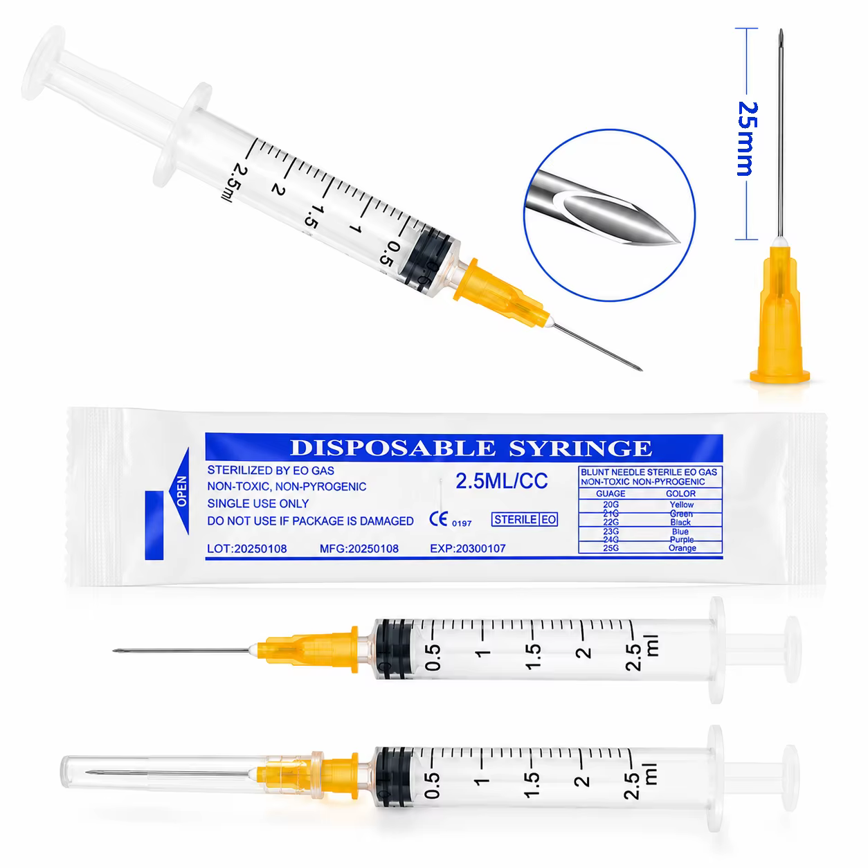 Petite seringue jetable de 2.5ml/cc, avec aiguille 25G 25mm, stérile, emballée individuellement, pour distribution industrielle, utilisation en laboratoire, 100 pièces