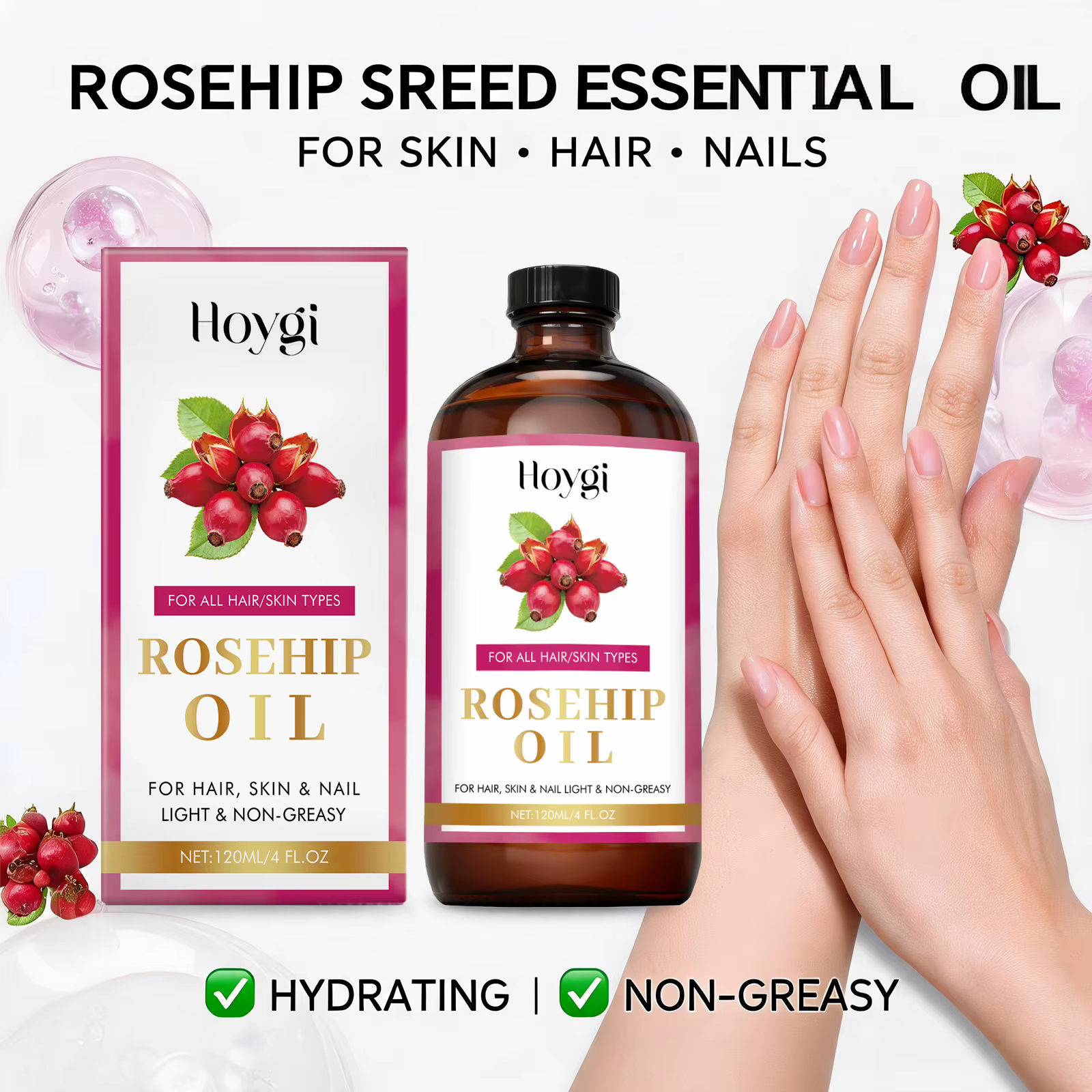 Huile Essentielle Apaisante de Graines de Rose Musquée pour Cheveux, Peau et Ongles – Huile de Massage Hydratante et Réparatrice pour la Peau et les Cheveux