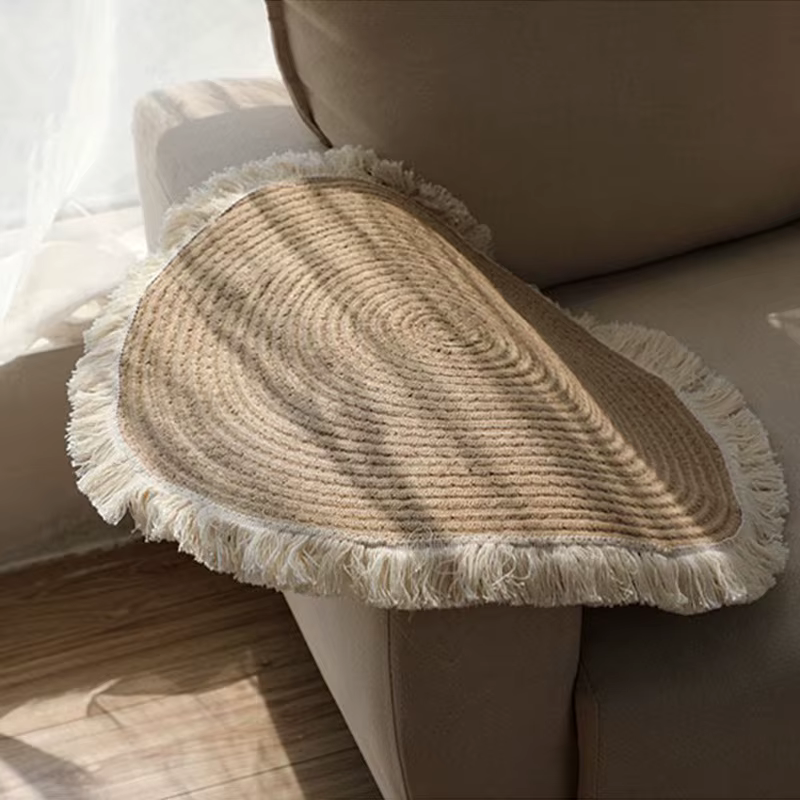 Tapis rond en rotin de jute tissé à la main avec pompon, tapis vintage pour chambre à coucher, salon, décoration d'intérieur, tapis de sol, chambre, porte, polymères