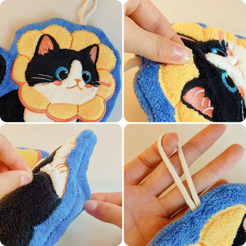 Serviette de toilette en velours corail motif chat kawaii pour la cuisine et la salle de bain, absorbante et pratique à suspendre