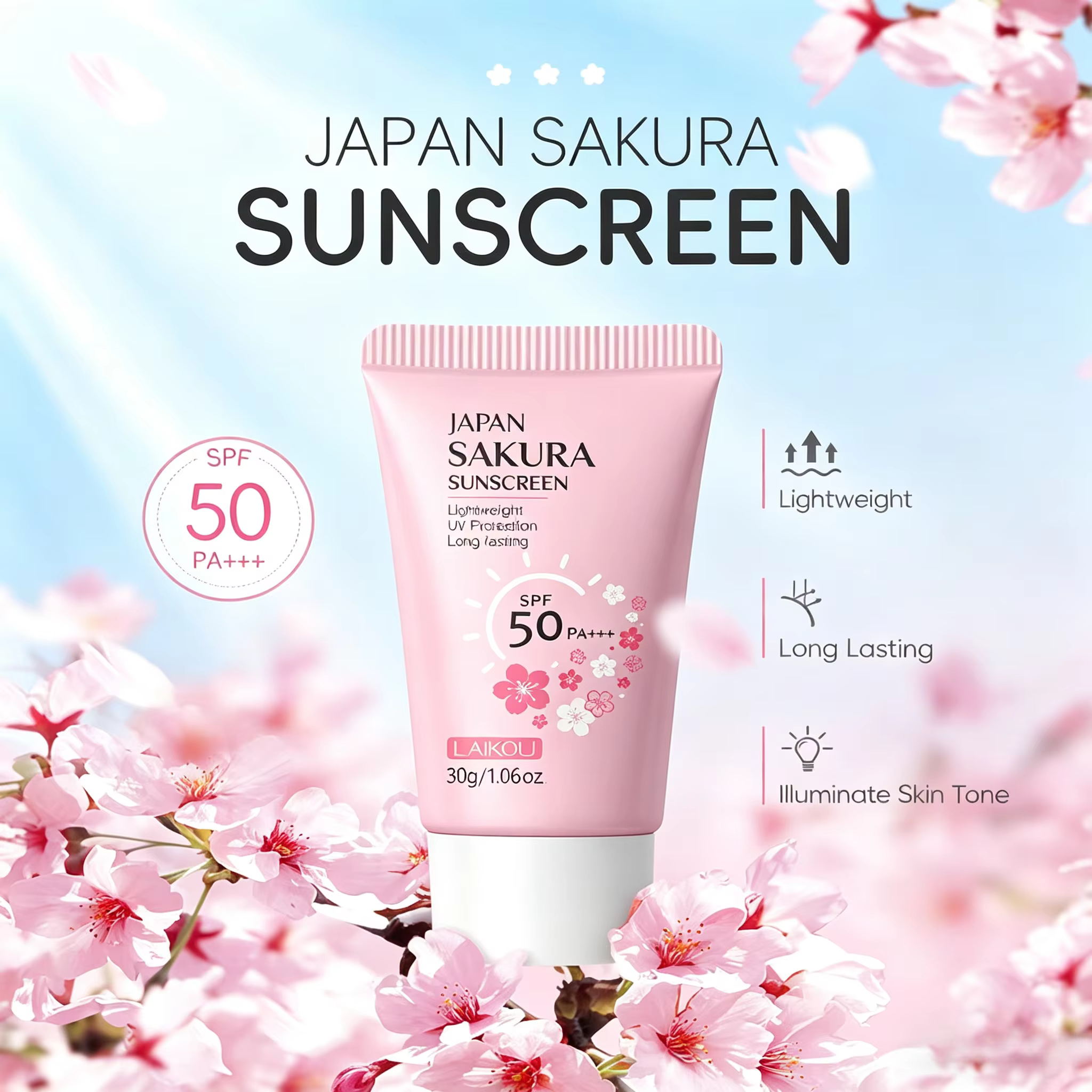 Crème solaire LAIKOU Sakura SPF50+ Protection UV Visage et Corps Rafraîchissante Imperméable Hydratante Correctrice 30g ﻿