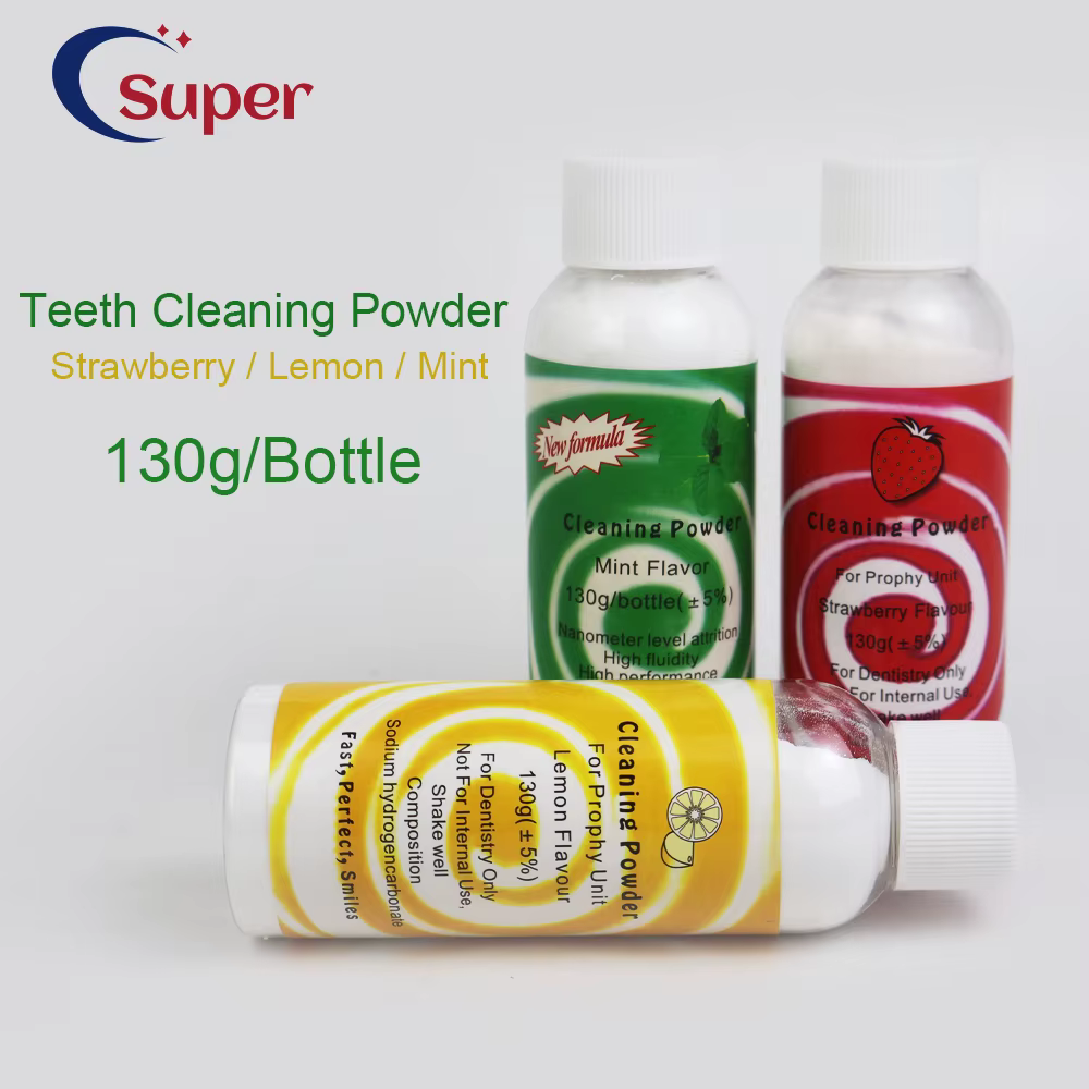 Poudre de polissage dentaire 130g Prophy Air Jet Flow pour le nettoyage des dents, l'élimination de la plaque et des taches, bicarbonate de sodium, menthe, citron, fraise