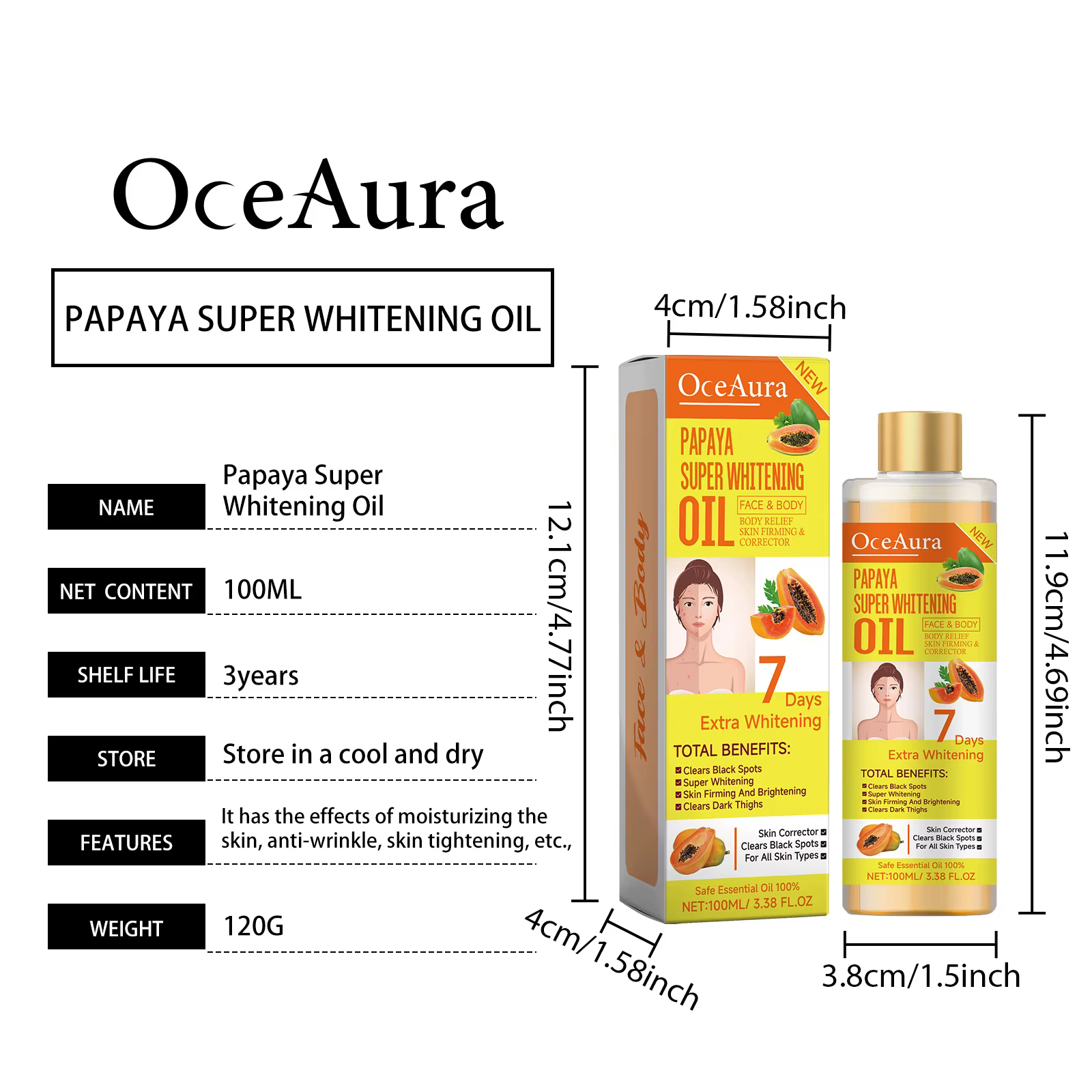 OCEAURA Papaye huile Super blanchissante visage et corps hydratant nourrissant blanchissant