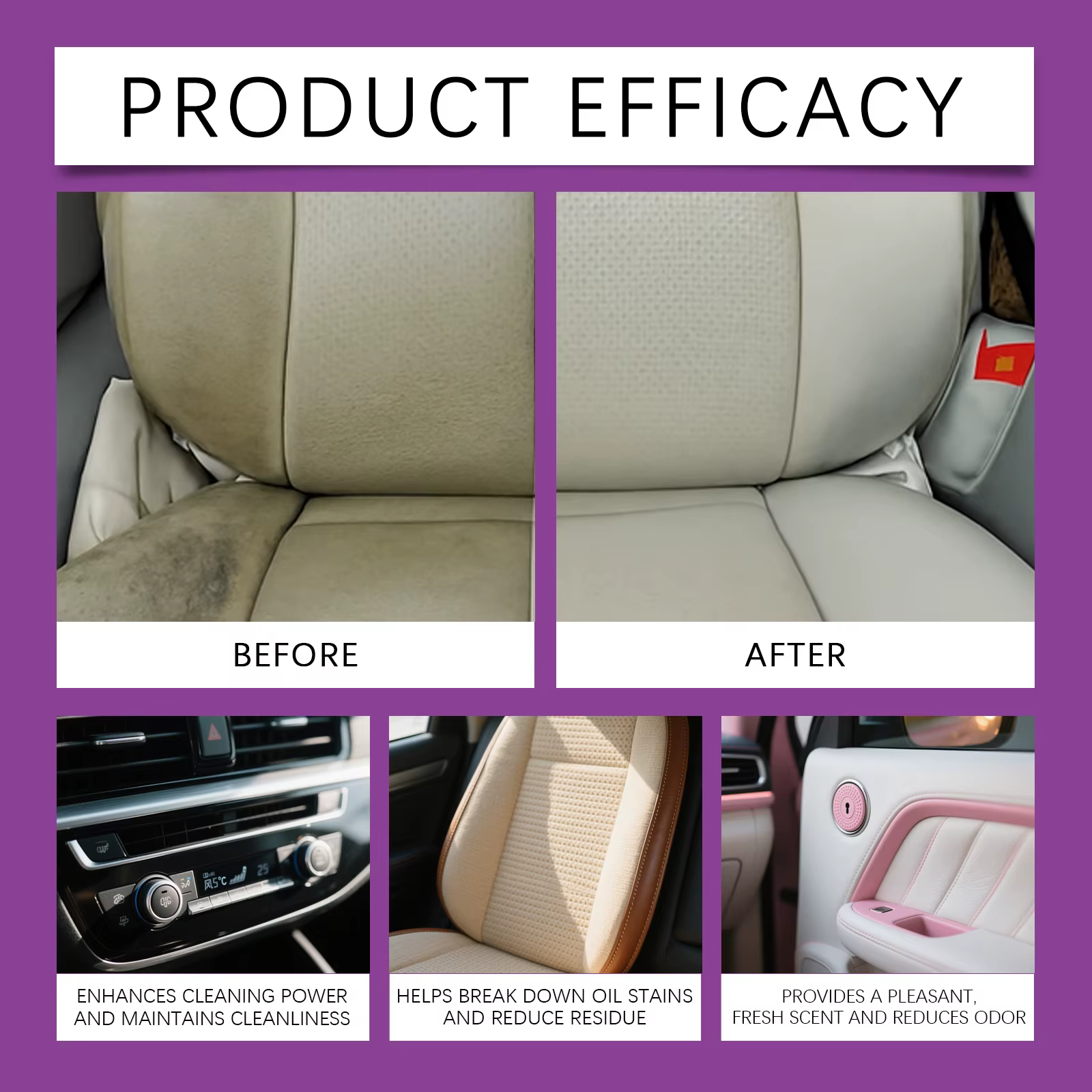 Nettoyant intérieur de voiture pour cuir, tissu et toit – Nettoyant pour ceintures de sécurité sans rinçage – Puissant détachant pour detailing automobile
