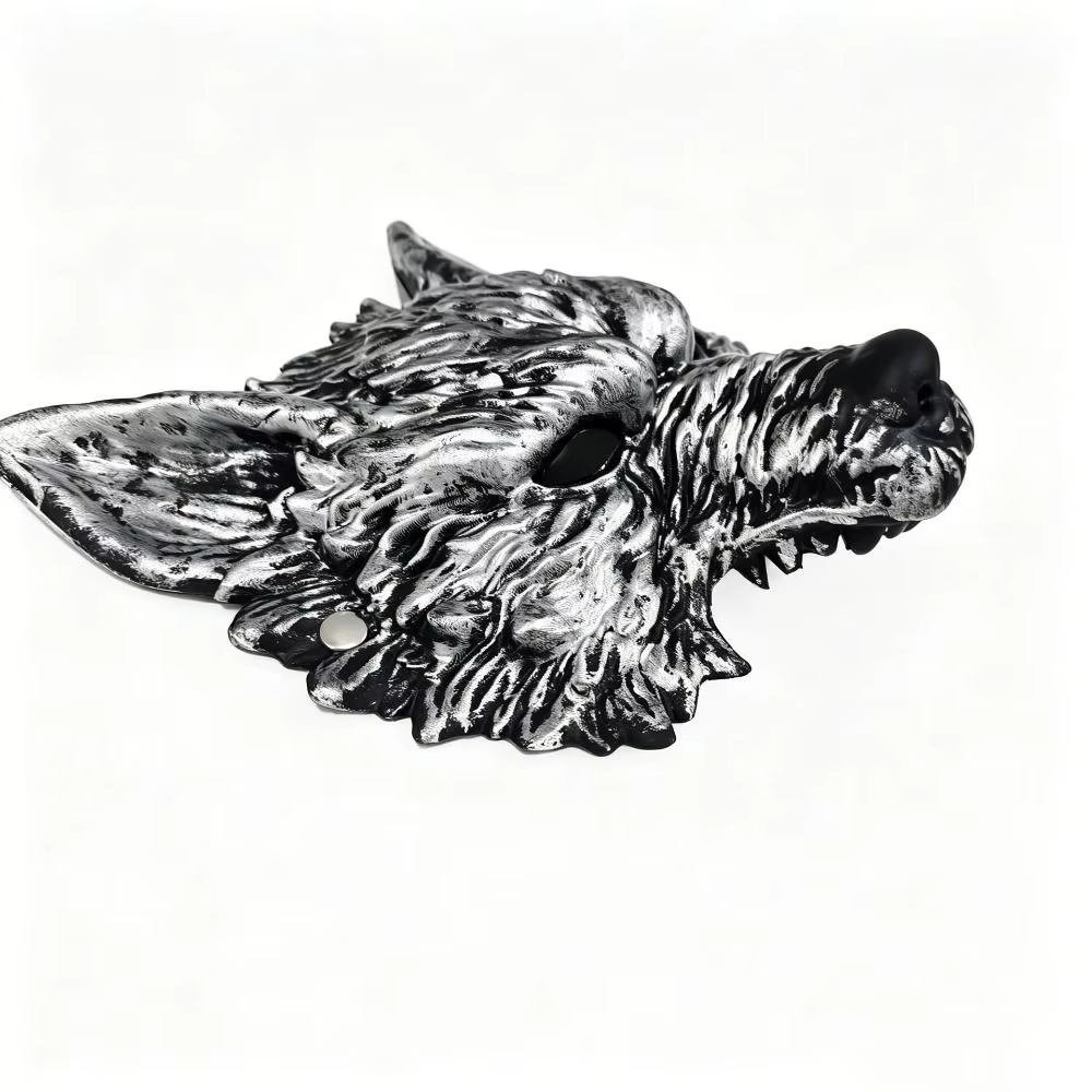 Masque de loup amusant pour cosplay d'Halloween, texture 3D en fourrure, respirant, avec trou pour les yeux, masque de costume de fête, design animal, finition noir et argent