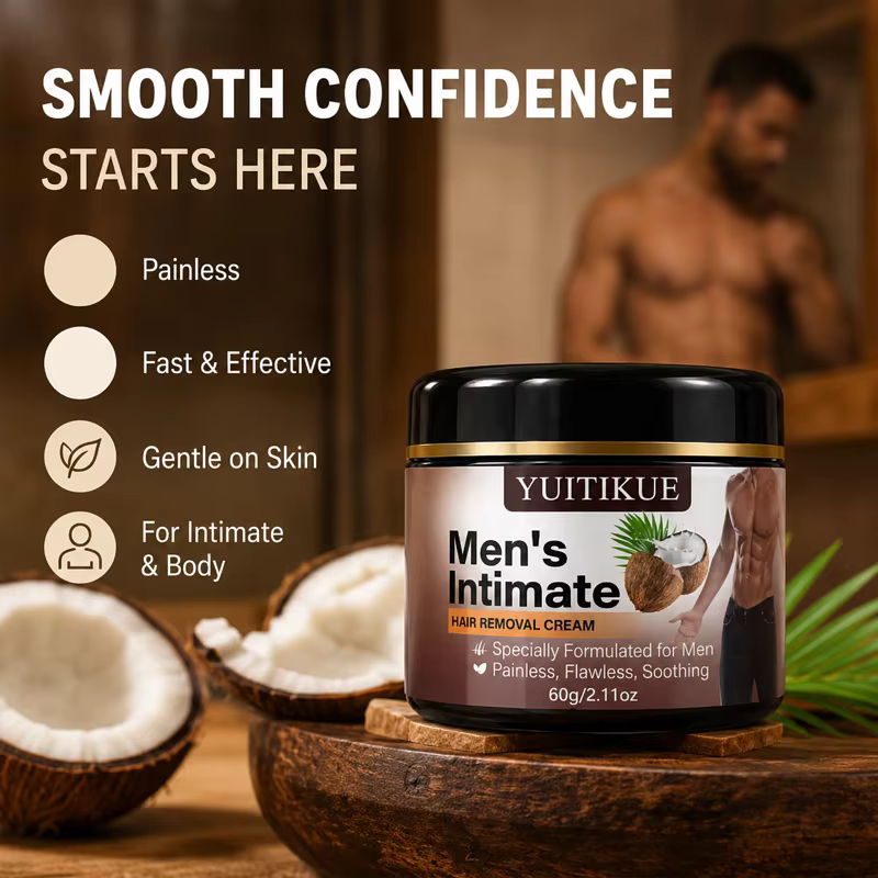 Crème dépilatoire intime pour hommes YUITIKUE 60g - Épilation indolore pour le corps et les zones intimes, extrait de noix de coco doux pour la peau