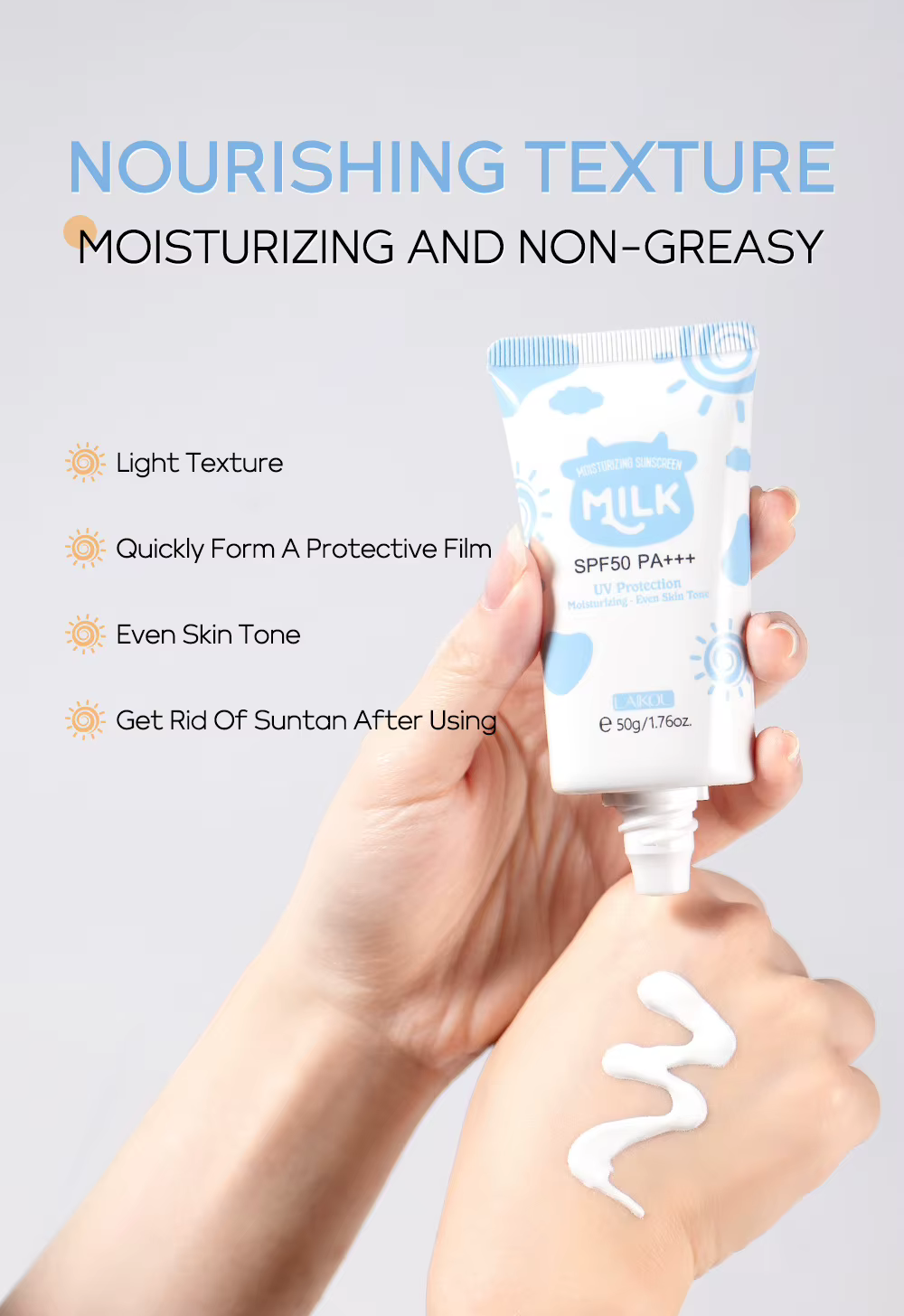 LAIKOU Crème solaire au lait SPF50 PA+++ 50g Protection UV Hydratante Unifie le teint Lotion