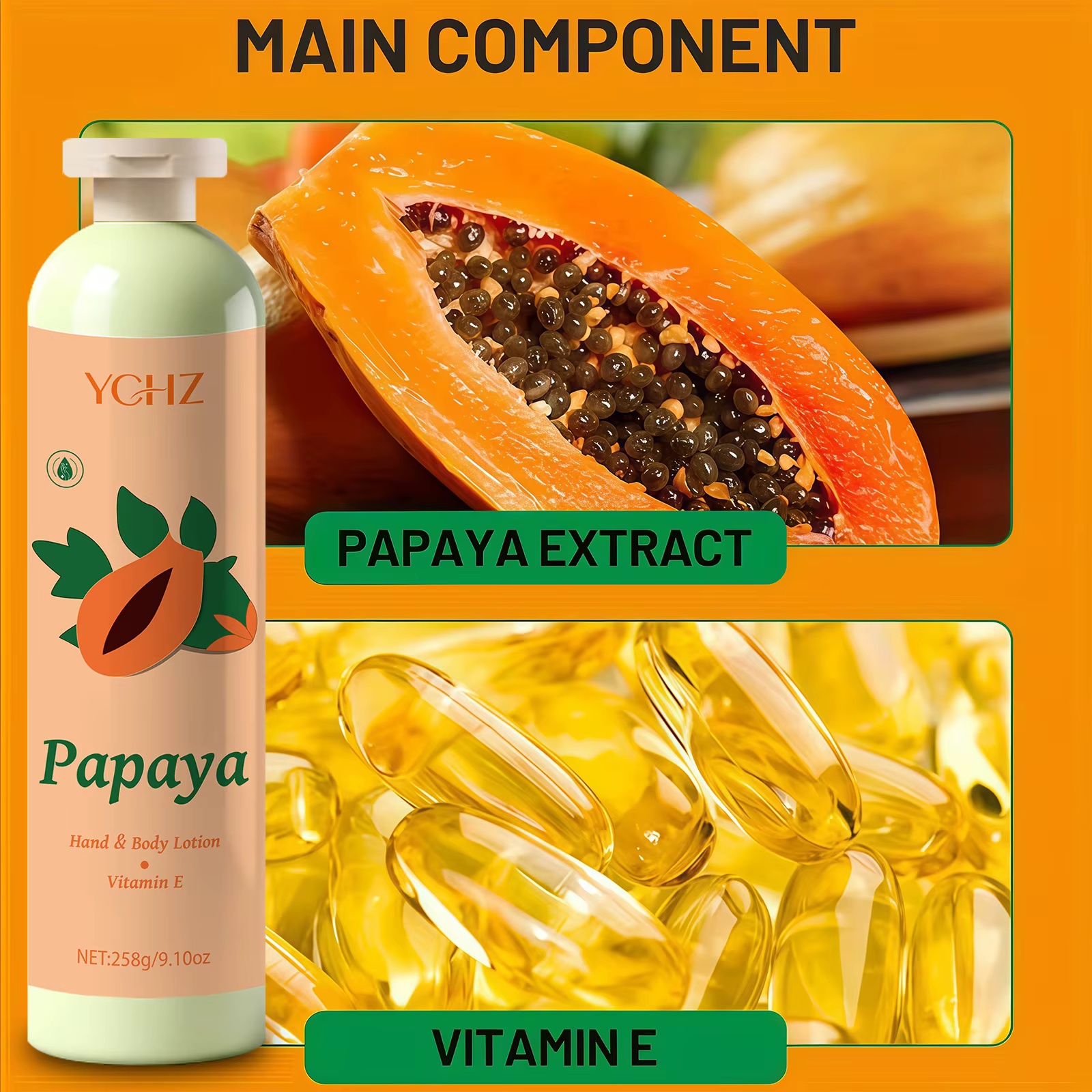 Lotion hydratante pour la peau à l'extrait de papaye et à la vitamine E