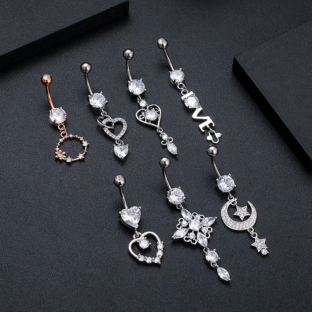 1PC Piercing de nombril long pour femme, motif fleur cœur, bijoux de corps sexy en acier inoxydable, anneaux de nombril courbés