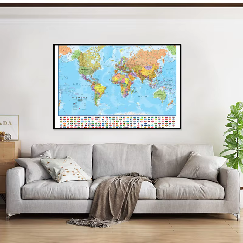 Carte du monde en anglais 90x60cm, carte éducative, affiches et imprimés de peinture sur toile, décoration murale pour fournitures scolaires et de bureau