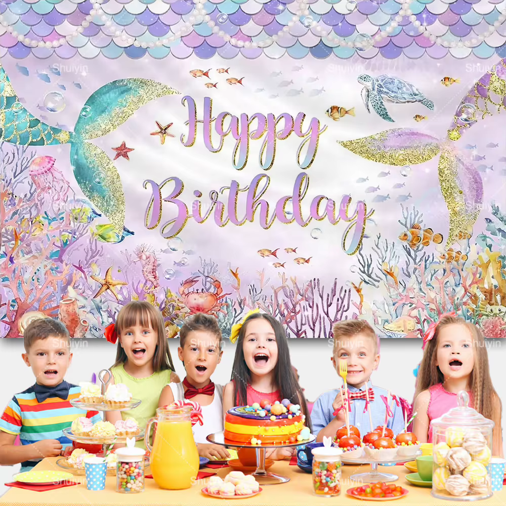 Toile de fond sur le thème des sirènes, fond photographique sous la mer, décoration de fête d'anniversaire pour filles, fournitures de décoration pour fête de princesse, bannière pour baby shower