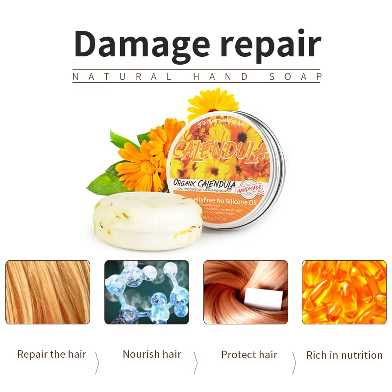 Le savon shampooing végétal au calendula n'a pas d'huile de silicone ni résidu
