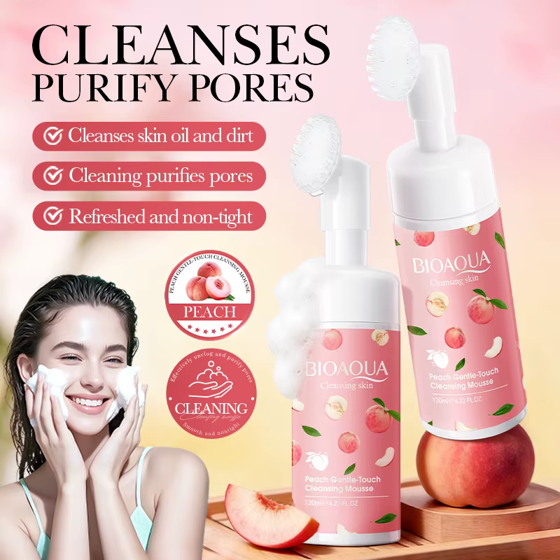 BIOAQUA Mousse Nettoyante Visage Pêche avec Brosse – Nettoyage Doux