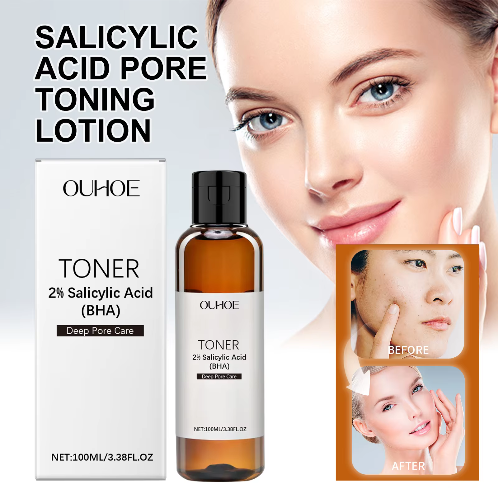 Lotion tonifiante pour pores à l'acide salicylique pour peaux grasses et claires