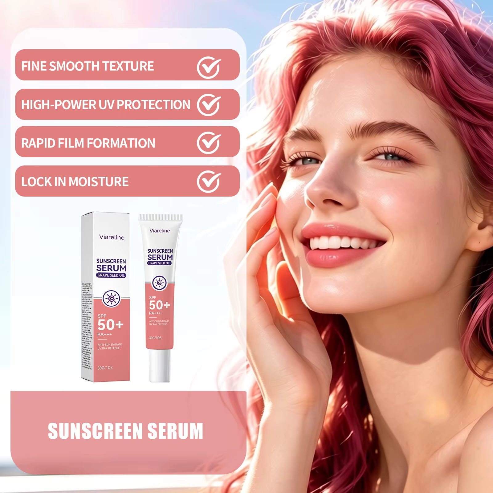 Sérum solaire SPF 50 à l'huile de pépins de raisin PA+++ Protection UV visage Anti-dommages solaires Sérum hydratant léger Essence écran solaire