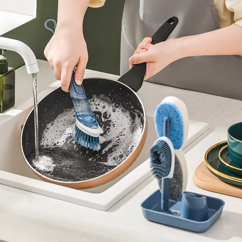 Outils de nettoyage de cuisine, brosse à vaisselle à Long manche, distributeur de savon liquide, nettoyeur de vaisselle, brosse à vaisselle, éponge, lingette de lavage de Pot