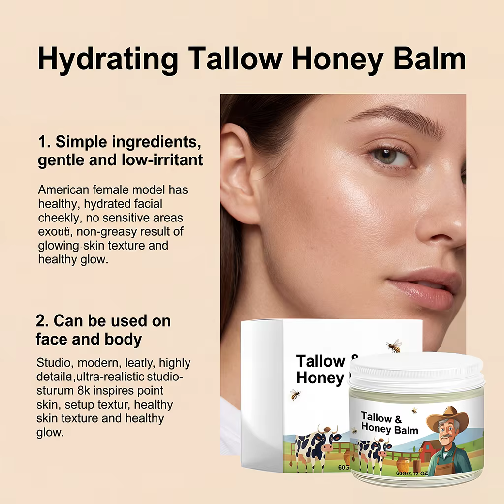 Baume au suif de bœuf biologique nourri à l'herbe avec miel cru - Crème hydratante pour une peau douce et lisse - Hydratant entièrement naturel fait à la main