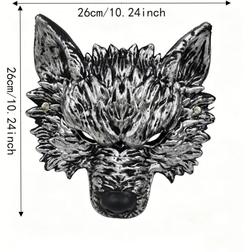 Masque de loup amusant pour cosplay d'Halloween, texture 3D en fourrure, respirant, avec trou pour les yeux, masque de costume de fête, design animal, finition noir et argent