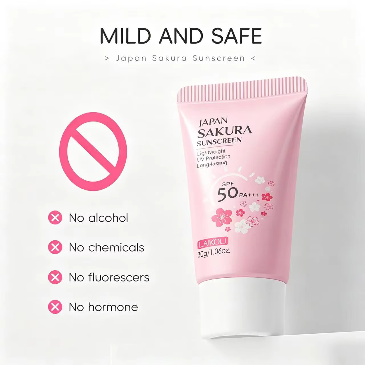 Crème solaire LAIKOU Sakura SPF50+ Protection UV Visage et Corps Rafraîchissante Imperméable Hydratante Correctrice 30g
