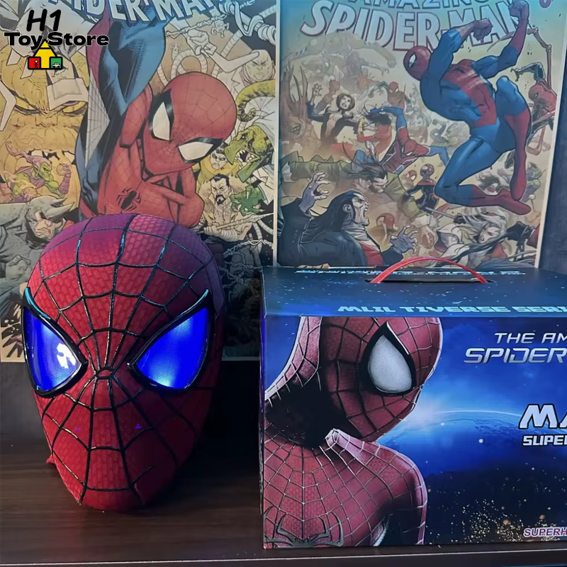 Masque lumineux Spider-Man à activation automatique avec yeux motorisés et contrôle par anneau, échelle 1:1, portable, objet de collection pour cosplay