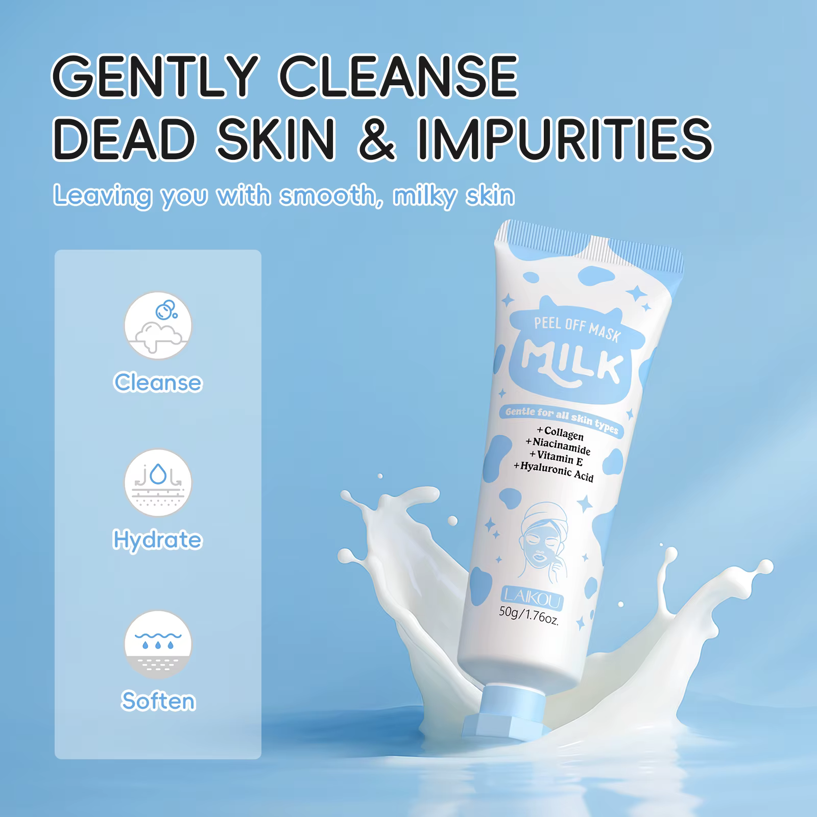 LAIKOU masque pelable au lait pour le traitement du visage nettoyage en profondeur élimination des points noirs raffermissement des pores éclaircissant