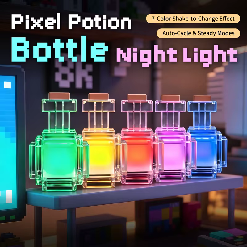 Lampe de nuit rechargeable en forme de bouteille de potion, LED à changement de couleur (7 couleurs), design pixelisé, lumière d'ambiance, décoration d'intérieur, jouet